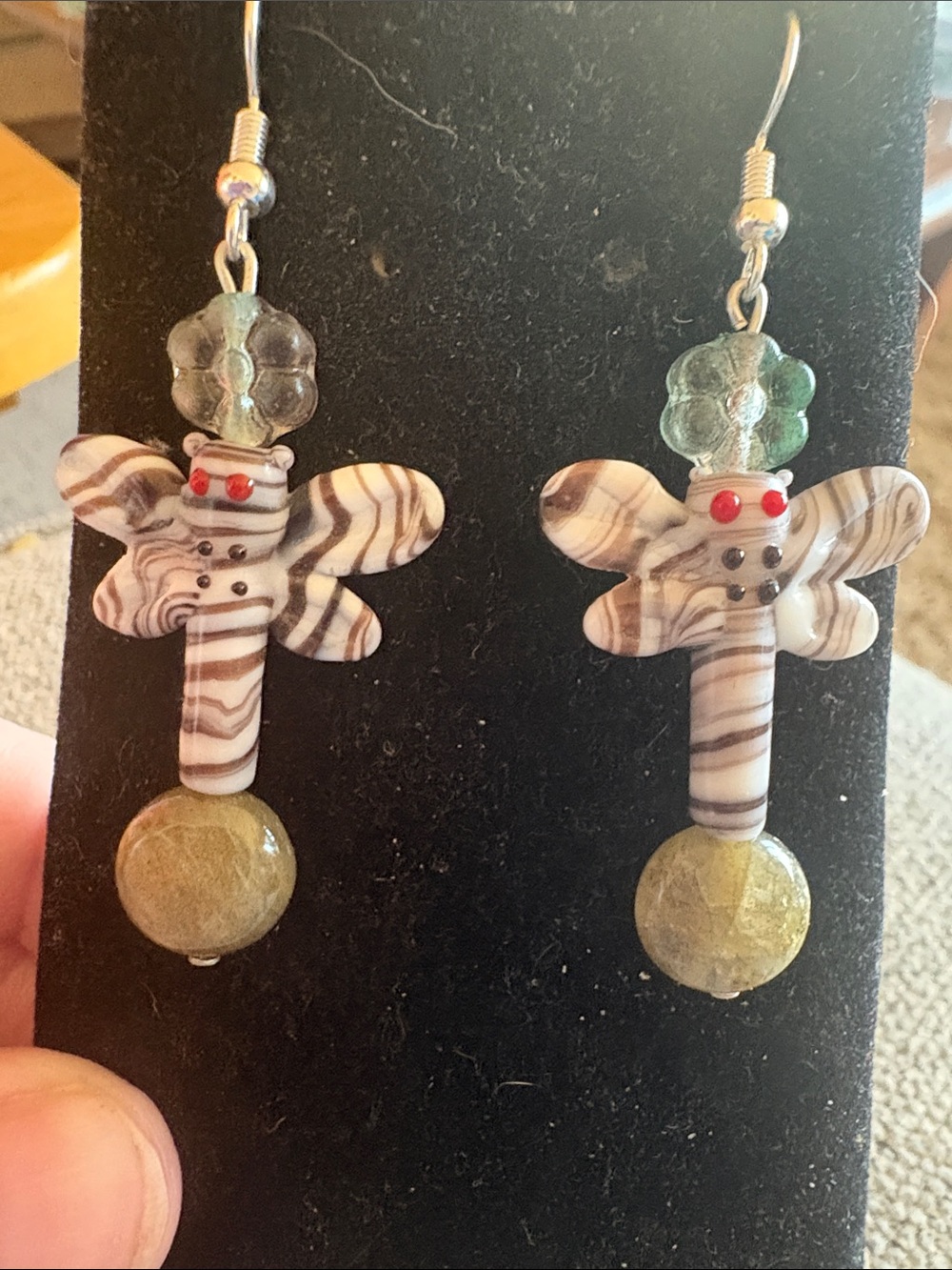 Hand Crafted Labradorite and Glass Swirled Dragonfly Earrings
